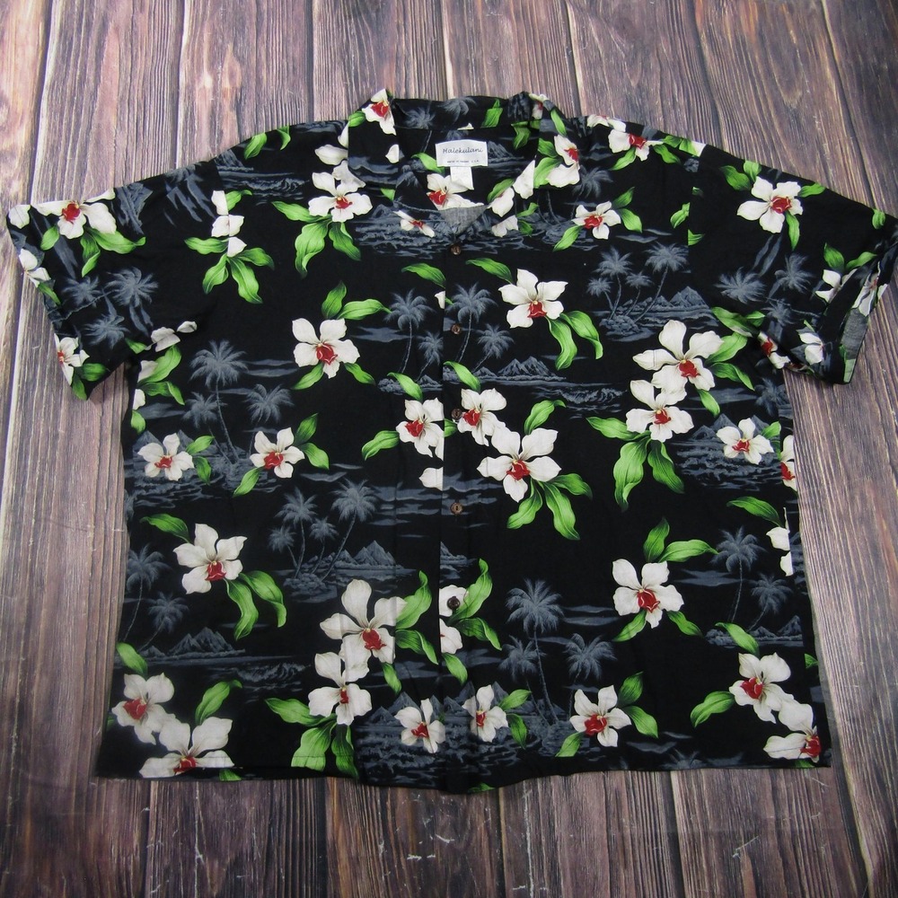 Halekulani Shirt Mens 3XL Black Short Sleeve Button Up Rayon Floral Hawaiian USA